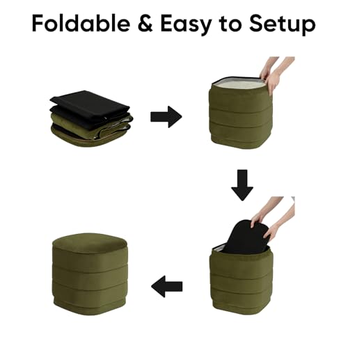 Image of 15 inch Velvet Storage Ottoman with Tray, Foldable Square Ottoman Footrest with Reversible Wood Lid, Collapsible Storage Footstool for Bedroom, Living Room, Dorm, Olive Green