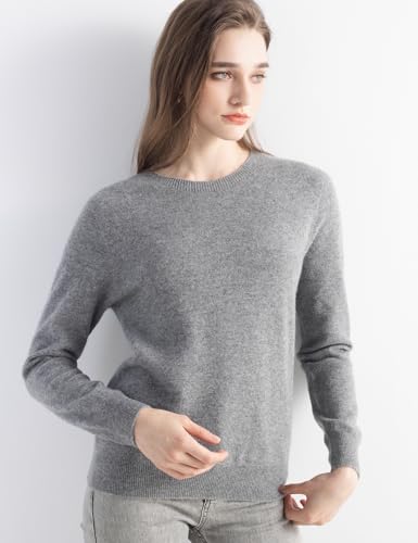 Chanyarn Women's 100% Pure Cashmere Sweater 2026 Fall Winter Crew Neck Long Sleeve Warm Soft Knitted Pullover (Grey,L)
