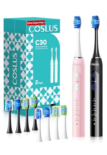 COSLUS C30 Electric Toothbrush for Adults & Kids: 3 Intensities & 5 Modes for Effective Yet Gentle Ultra-Clean Feel, 2 Types of Heads for Gentle & Daily Care, Travel Home Use, Black & Pink, 2PCS