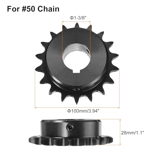 Image of uxcell #50 Chain Roller Sprocket B Type, 1-1 /4 inch Bore 18 Tooth Single Strand Chain Sprocket, Carbon Steel, Keyway with Set Screws