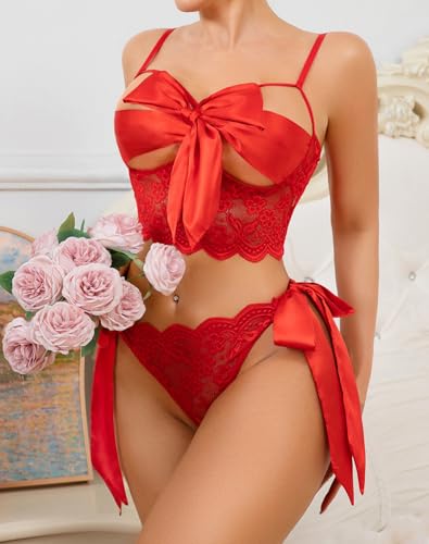 Aranmei Women Sexy Lingerie Sets 2 Piece Lace Satin Bow Tie Bra and Panty set Valentines Day Gift Red — view 3