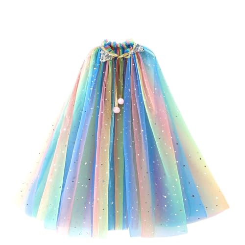 Princess Cape With Sparkling Sequins and Tulle - Colorful Cloak, Fancy Dress Costume for Girls Birthday, Halloween, Carnival Party, Cosplay (Rainbow)