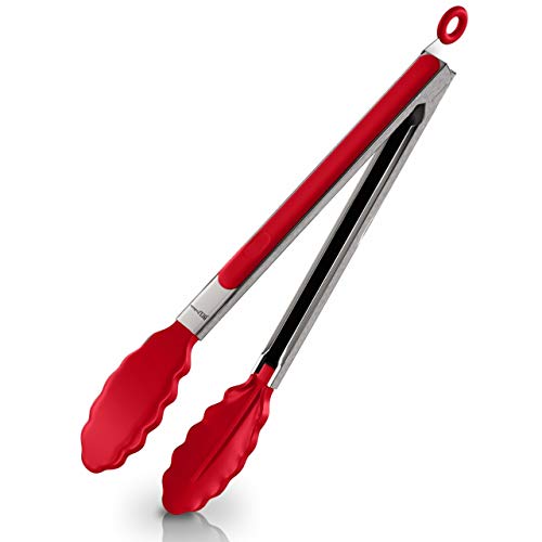 Kitchen Silicone Tongs 9 Inches (Red Color) | Stainless Steel Handle with Easy Grip and Smart Padlock System | Curved Silicone Tip for Strong Grip | Handy Tong for BBQ, Serving, Frying, and Cooking