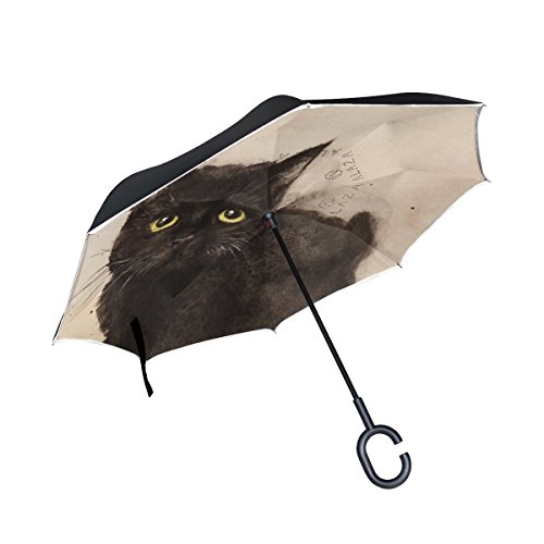 Preisvergleich Produktbild ISAOA Große umgekehrten Regenschirm windfest Double Layer, umgekehrt faltbarer Regenschirm für Auto, c-shaped für die Verwendung mit Schirm, Schwarz, Katze Malerei Regenschirm für Damen und Herren