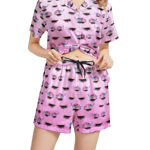 Image of Silk Satin Pajama Set for Women Summer Lounge Pjs Sets 2 Piece Suit Ladies Button Down Tops And Shorts Sleepwear
