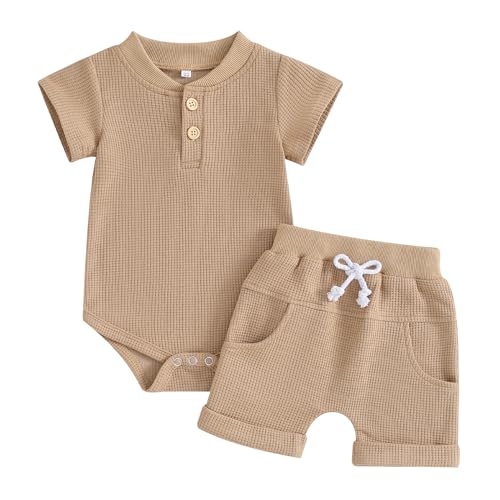 Image of Kuriozud Newborn Baby Boy Summer Clothes Button Short Sleeve Romper Bodysuit Shorts Set Infant Soft Waffle Outfit