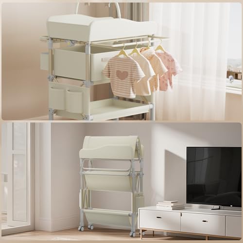 Image of Jaylene Portable Baby Changing Table with Storage - Adjustable Height Diaper Station, Waterproof Pad, Large Capacity Organizer, Foldable Newborn Changing Table for Nursery & Bedroom (Beige)