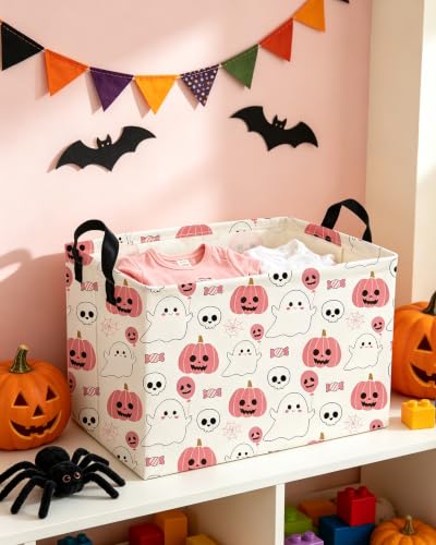 Image of Essme Rectangular Halloween Baskets,Pink Storage Box,Cute Basket for Kids Room Decor, Book Bins,Shelf Basket.(Pink Halloween