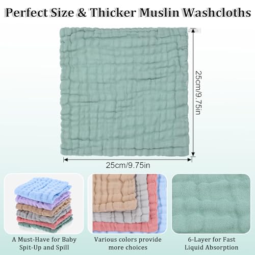 Image of Qianyu 6 Pcs Baby Muslin Washcloths for Unisex 100% Cotton Bath Wash Cloths for Babies Comfy Soft Absorbent Burp Cloths for Newborns Infants Kids Girls and Boys Multicolor 9.75 x 9.75 Inches