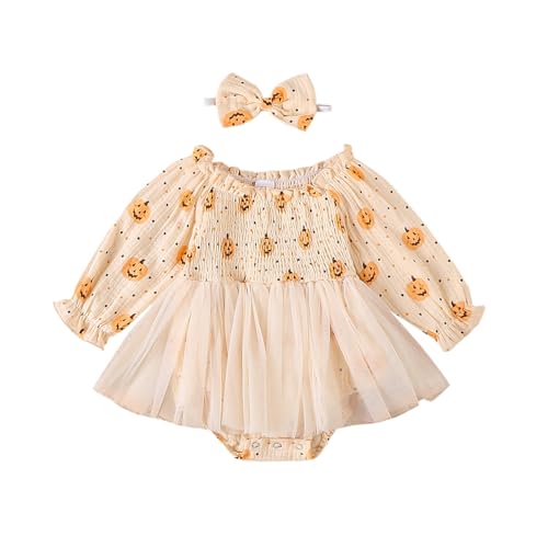 Image of Afunbaby Baby Girl Halloween Outfit Newborn Pumpkin Romper Dress Puff Sleeve Ruffle Bodysuit Jumpsuit Fall Clothes