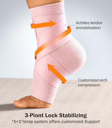 Image of Flat Knitting Ankle Brace for Women&Men, 7-Zone Dynamic Compression Sleeve w /Flex Strap,Foot Support for Sports, Sprained Ankle, Achilles Tendonitis, Plantar Fasciitis Relief(Pack of1) L,Pink