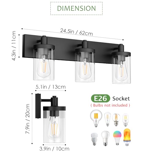 Image of Aipsun Black Vanity Light for Bathroom 3 Light Farmhouse Bathroom Lights Fixtures Over Mirror with Clear Glass Shade(Exclude Bulb)