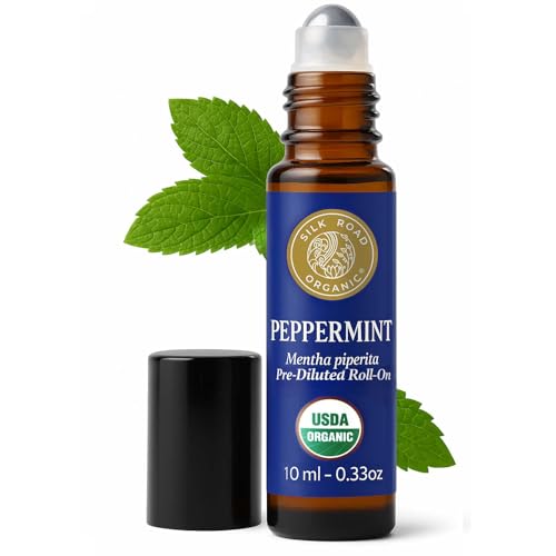 Silk Road Organic Peppermint Essential Oil Roll on for Head Tension Nausea Morning Sickness Energy & Focus 10ml USDA Certified Aromatherapy Roller - Always Pure Always Organic