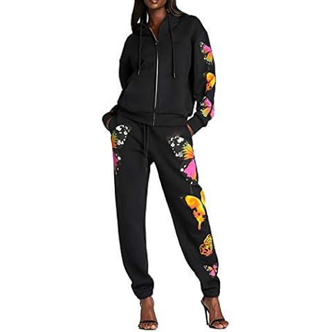 Women 2 Piece Tracksuit Set Zip Up Hooded Loungewear Butterfly Print Long Sleeve Sweatshirt and Drawstring Sweatpants Jogger Outfit (XL, Black Sets) Cover