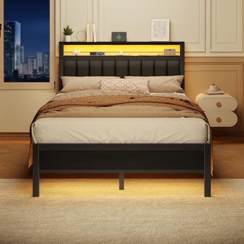 Image of Furnulem Full Size Bed Frame with Charging Station and LED Lights, Platform Bed with Metal Slats, Grey Upholstered Headboard with 2-Tier Storage Shelves, No Box Spring Needed