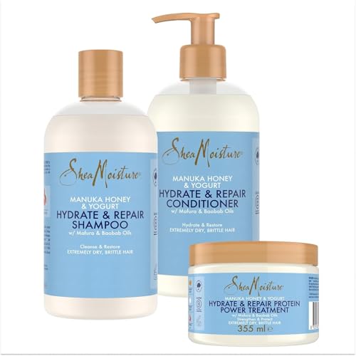 SheaMoisture Champú, Acondicionador y Tratamiento con Proteínas para cabello extremadamente seco y quebradizo con Miel de Manuka y Yogur pack el para cuidado del cabello 2x 384 ml, 1x 355 ml
