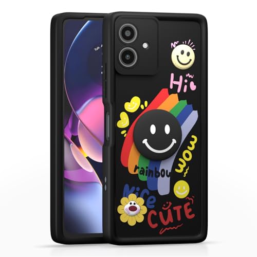 Image of Pikkme Back Cover for Motorola Moto G54 5G / G64 5G | Soft Silicone| Cute Rainbow Smile & 3D Cartoon Flower Design | Shockproof Raised Camera Protection Bumper Case (Black)