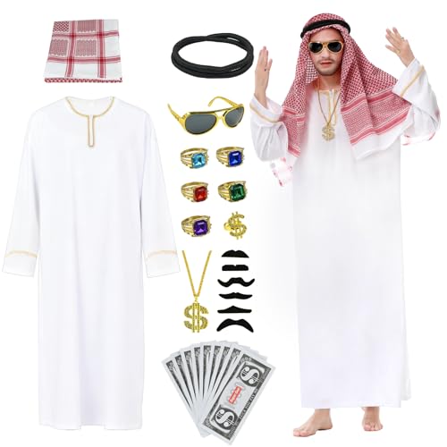 PATEMZON Disfraz Jeque Arabe Hombre, Disfraz Jeque con Borde Dorado, Disfraz Arabe con Anillo de Dedo, Collar, Gafas de Sol, Tunica Blanca Hombre para Carnaval, Halloween, Fiestas y Cosplay (XXL)