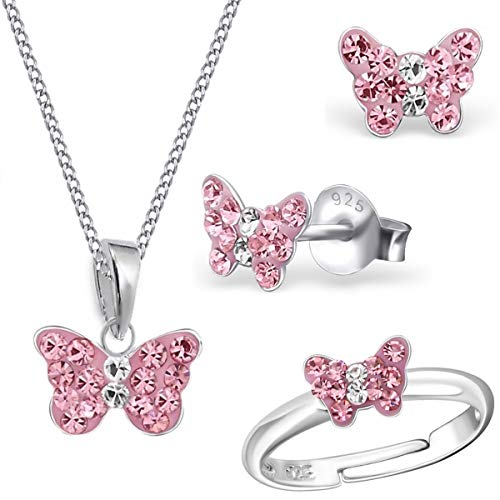Mini Rosa Kristall Schmetterling Ring + Anhänger + Halskette + Ohrstecker 925 Echt Silber Mädchen Kinder Set (38) Cover
