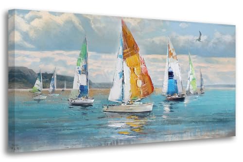 Ardemy Sailboat Wall Art Blue Abstract Canvas Art Ocean Pictures Wall Decor Large Coastal Paintings Nautical Textured Artwork for Walls Living Room Bedroom Home Office,48"x24"