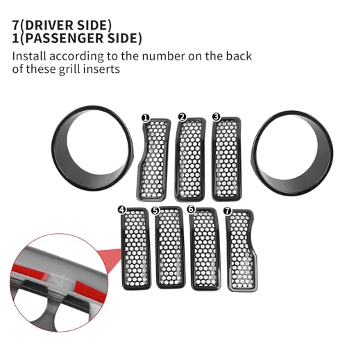 JeCar Mesh Grille Inserts/Headlight Trim Covers Front Light Bezels Decoration Kit Compatible with Jeep Wrangler 2024 JL JLU & Gladiator JT 2024, Black by JeCar - Used condition - Image 7
