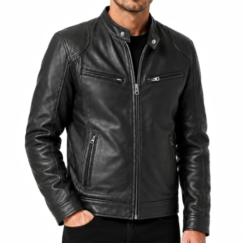 Image of Men's Real Leather Jacket Biker Motorcycle Cafe Racer Vintage Retro Bomber Winter Black Genuine Leather Jacket