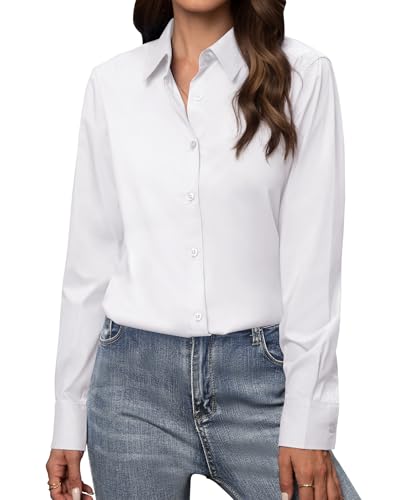Gleeivy Button Down Shirts for Women Long Sleeve Dress Shirts Classic Fit Solid Cotton Women Dress Shirts Work Office White M