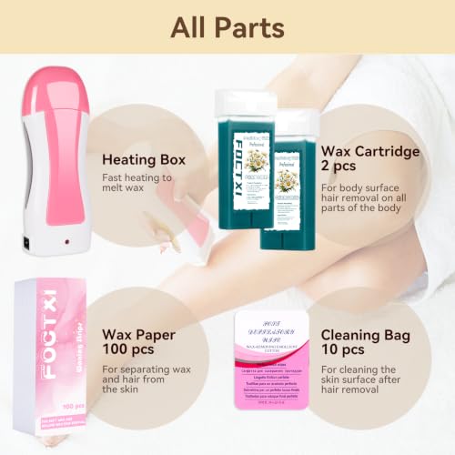 Image of Roll On Wax kit, Wax Roller Kit for Hair Removal with 2 Chamomile Soft Wax Cartridge, 100 Non-Woven Wax Strips & 10 Wipes, Sensitive Skin Roll on Waxing Kit for Women