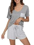 Invug Women Nightwear Short Sleeve Shirt and Shorts Pajama Set V Neck Sleepwear Stripes Light Grey X