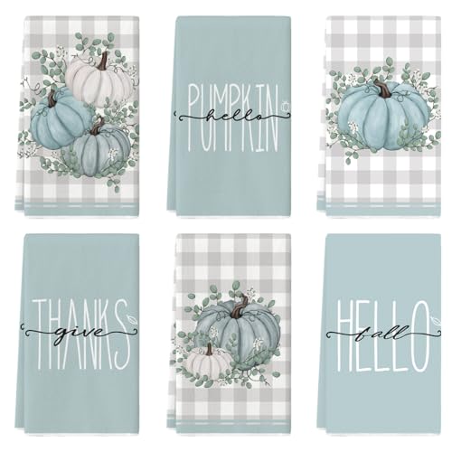 Artoid Mode Blue Eucalyptus Leaves Hello Pumpkin Fall Kitchen Towels Dish Towels, 18x26 Inch Seasonal Give Thanks Decoration Hand Towels Set of 6 by Artoid Mode - Used condition - US$6.91