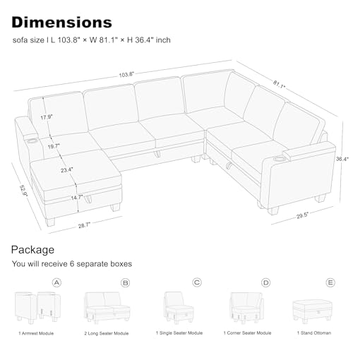Belffin Chenille Modular Sectional Sofa Convertible L Shaped Corner Couches for Living Room with Storage Armrest with Cup Holder White Couch