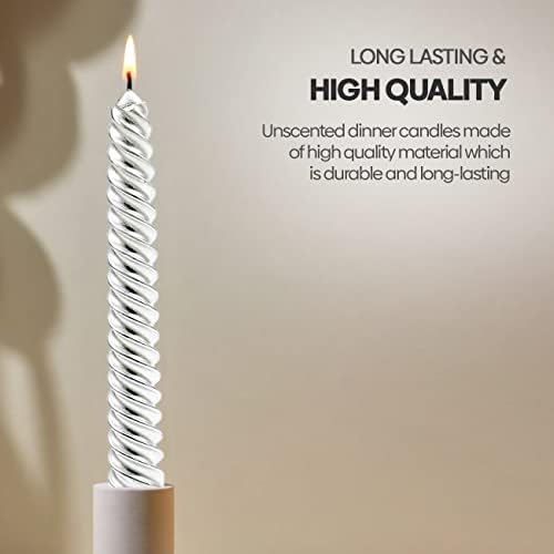 Silver Taper Candles Universal Spiral Candle Metallic Dripless Unscented Dinner Candles Paraffin Wax with Cotton Wicks Birthday Wedding Parties (Pack of 1)