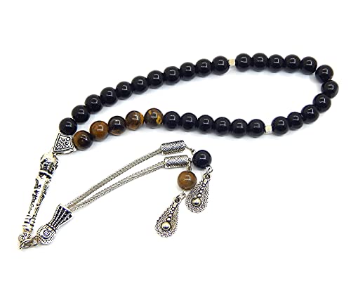 Cadena de oración Tesbih Tasbih Tespih Misbaha Subha 33, 30 cm, rosario islámico musulmán, accesorio de adoración, piedra semipreciosa, ojo de tigre, ónix, perlas negras, bola de 8 mm, 8mm perlen -