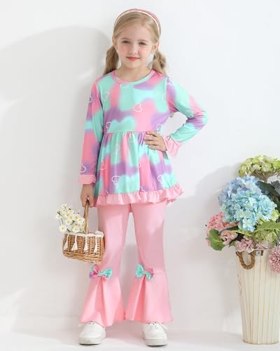 Toddler Girl Clothes Girls Fall Winter Outfits, Ruffle Long Sleeved Floral Shirts Top + Bell-Bottoms Flare Pants Set2
