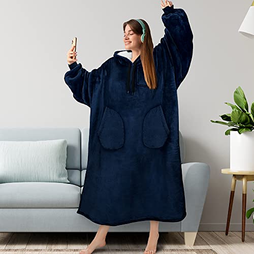 Pavilia Blanket Hoodie For Women Navy, Sherpa Wearable Blanket Men, Cozy Oversized Sweatshirt Blanket, Warm Fleece Hooded Blanket Sweater With Sleeves And Two Big Pocket, Adult Long, Navy Blue #TOP6