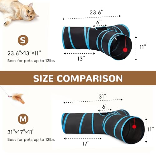 Image of Tempcore Cat Tunnel for Indoor Cats, 3 Way Collapsible Pet Play Tunnel with Teaser Wand, Peek Holes & Hanging Ball, Interactive Tube for Kittens & Rabbits, Black & Blue Medium