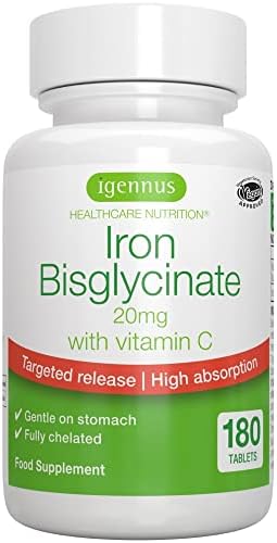 High Absorption Iron Bisglycinate 20mg with Vitamin C, Gentle Iron, One-a-Day, for Women & Men, Vegan, 180 Tablets, by Igennus