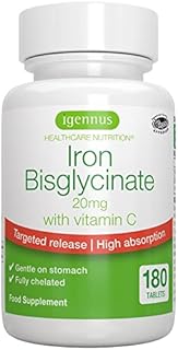 High Absorption Iron Bisglycinate 20mg with Vitamin C, Gentle Iron, One-a-Day, for Women & Men, Vegan, 180 Tablets, by Igennus