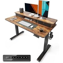 BANTI 48 x 24 Inch Electric Height Adjustable Standing Desk, Ergonomic Home Office Desk with Double Drawers, 4 Adjustable Feet & 2 Hooks, Computer Workstation for Study/Office, Rustic Brown