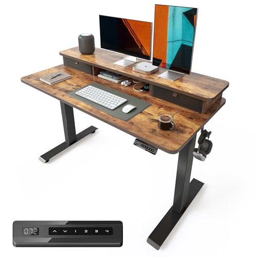 BANTI 48 x 24 Inch Electric Height Adjustable Standing Desk Ergonomic Home Office Desk with Double Drawers 4 Adjustable Feet & 2 Hooks Computer Workstation for Study/Office Rustic Brown