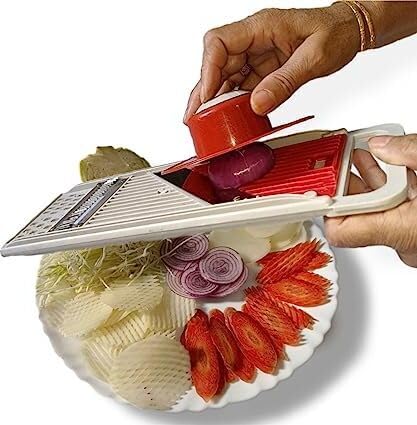 Image of Multipurpose Vegetable Slicer, Chopper & Chips Maker | Manual Food Cutter | Kitchen Tool for Fruits & Vegetables | Durable Plastic & Stainless Steel Blades