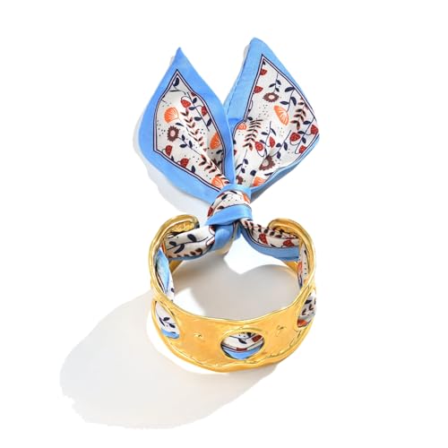 Cryinsun Women Trendy 2 in 1 Silk Scarf Wide Open Cuff Bangle Bracelet Set,18K Gold Plated Adjustable Scarf Cuff Bracelet, Stainless Steel Fashion Statement Wrist Cuff Wrap Jewelry Gifts(Blue)