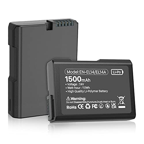 Akku für Nikon EN-EL14/EL14a, 1500 mAh, Ersatzakku für Nikon D5600 D5100 D5200 D5300 D5500 D3100 D3200 D3300 D3400 D3500, Coolpix P7000 P7 100 P7200 Kameras (1 Packung)