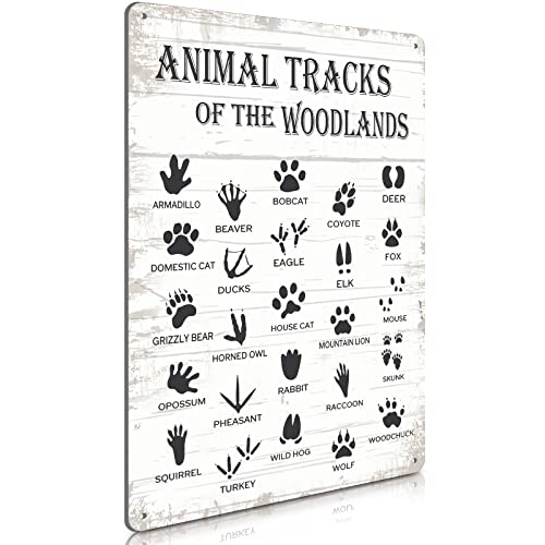 Image of 8 x 12 Inch Animal Tracks Field Guide Sign Nursery Metal Tin Sign Rustic Animal Tracks Farmhouse Decor Gifts Country Woodland Theme House Wall Cabin Metal for Baby Boys Home Bedroom Decor