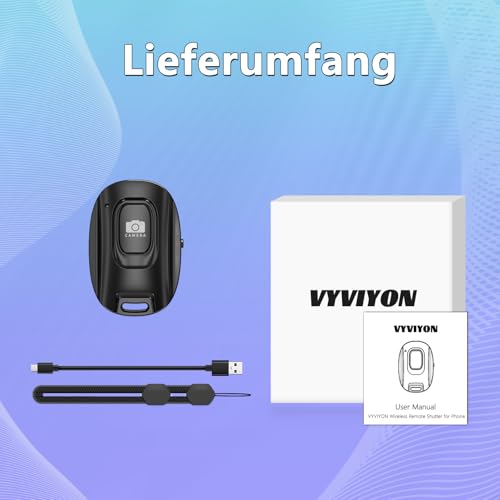 VYVIYON Bluetooth-Kameraauslöser für iOS & Android Smartphones – Wiederaufladbare Fernbedienung mit Selfie-Knopf für Fotos/Videos, inkl. Ladekabel & Handschlaufe-Black