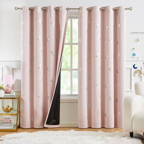 Jubilantex Butterfly Blackout Curtains Pink Silver 95" Long for Girls Bedroom Living Room Nursery Window Curtains with Black Layer,Grommet Top - Image 3