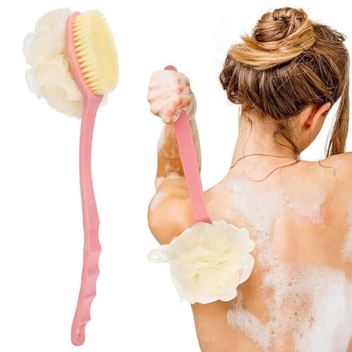 Shower Body Brush with Bristles and Loofah, Double Sided Body Brushes Back Scrubbers Bath Dry Brush Mesh Sponge with Curved Long Handle for Men and Women (Dark Pink)