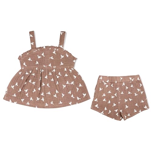 Image of MakeMake Organics GOTS Certified Organic Cotton Baby Kids Toddler Girl Top and Short Outfit Set - Flock, 4-5 Years