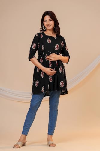 Image of THE Moon Star Women's Cotton Floral Printed Anarkali Maternity Feeding Kurti | Breastfeeding Dress for Mothers | Zipper Feeding Kurti, Nursing Kurti, Comfortable and Trendy Maternity Wear