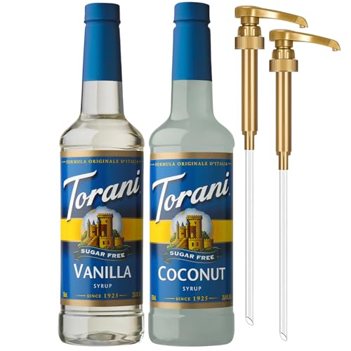 Image of Torani Sugar Free Coconut Syrup and Sugar Free Vanilla Syrup Variety 2-Pack, Coffee Syrups for Drinks, Pumps Included, 25.4 Fl Oz Ea